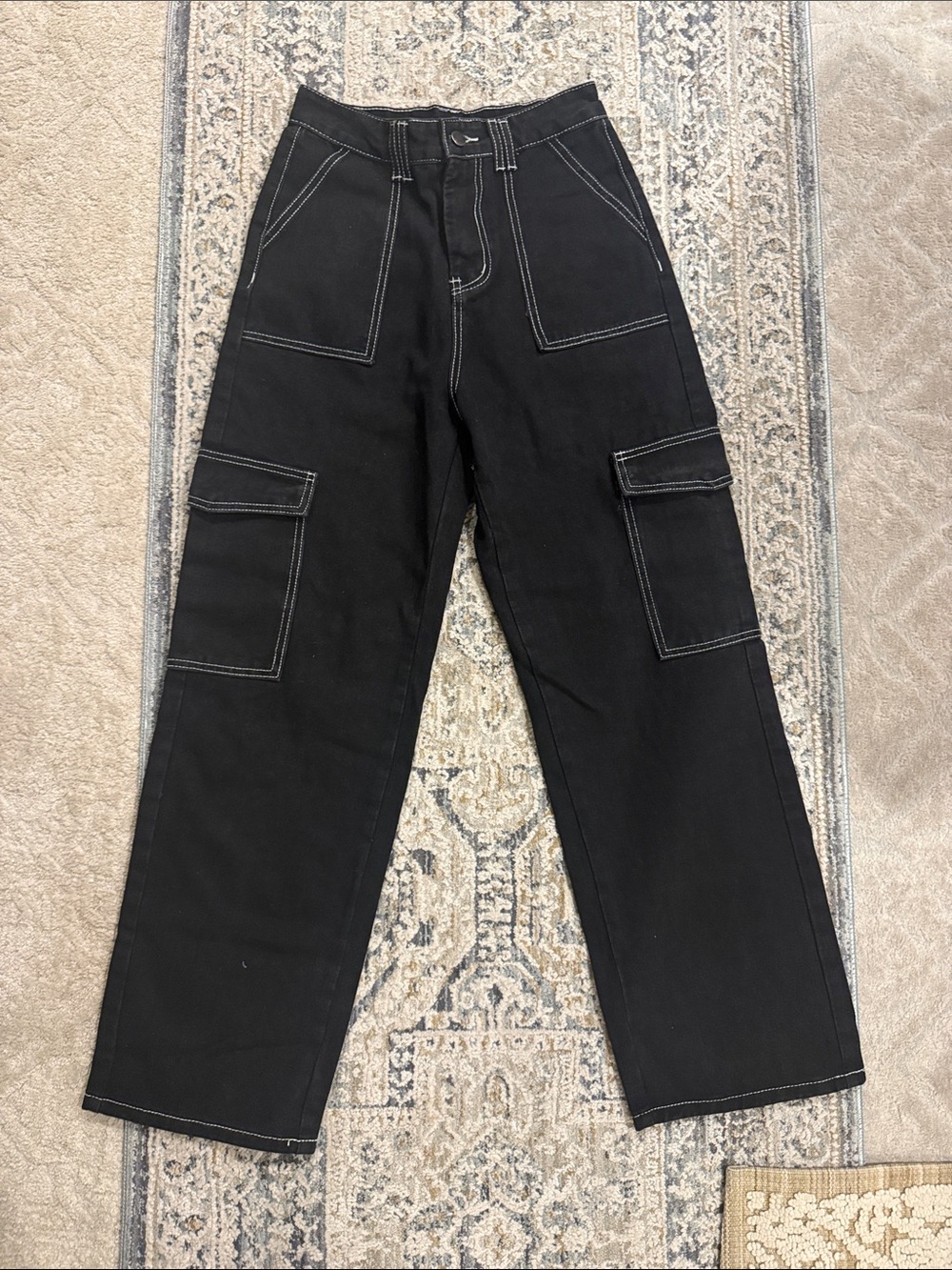 Black Cargo Workwear Pants with Contrast Stitching
